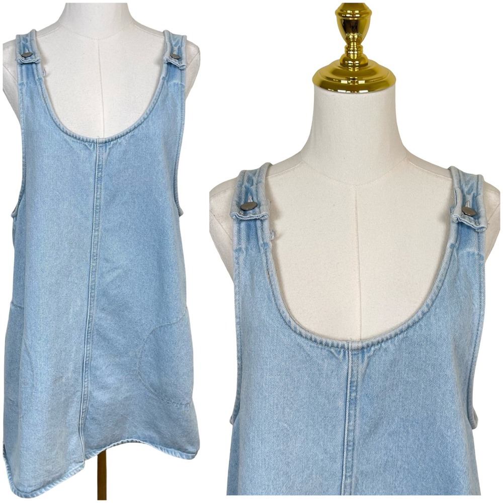 Forever 21 Denim Pinafore Overall Dress Women M Light‎ Blue Scoop Neck Pockets